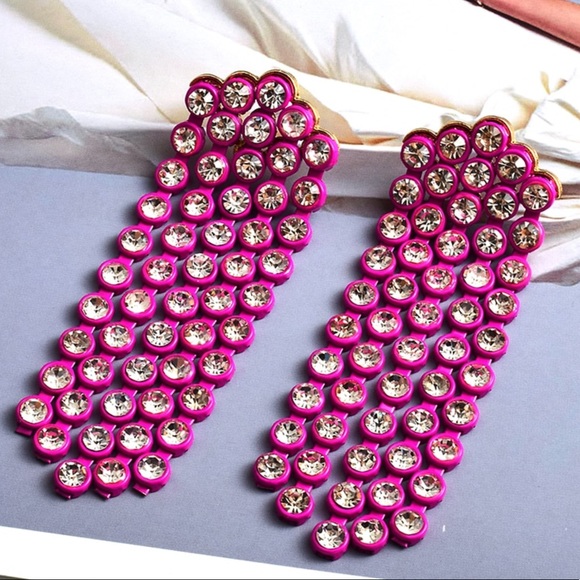 Awesome 5 rows of linked rhinestones set in fuchsia lucite backed in gold - Picture 3 of 3